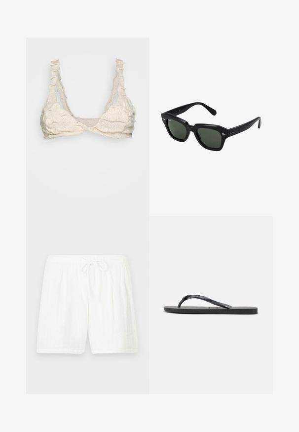 BLOKE FULL FASHIONED - Top - off white; Biele bavlnené šortky s elastickým pásom a sťahovacou šnúrkou. Majú textúrovaný vzor so zvislými pruhmi a bočné vrecká.; Čierna gumová žabková sandála s textúrovanou podrážkou a Y-tvarovaným remienkom, zobrazená z boku na bielom pozadí.; Čierne slnečné okuliare štvorcového tvaru s tmavozelenými sklami, s výraznými rámami a striebornými akcentmi po stranách. Vyrobené v Taliansku.