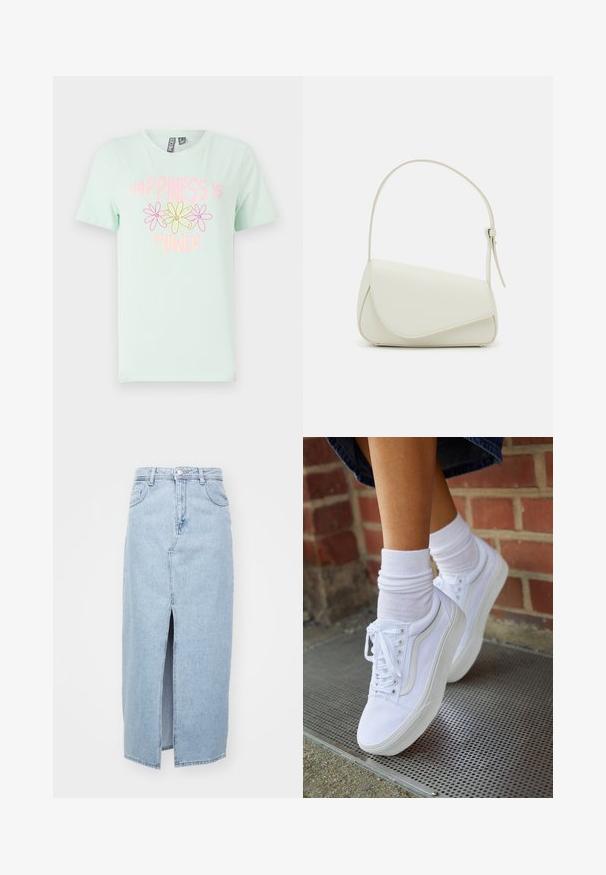 Mintgrünes Baumwoll-T-Shirt mit kurzen Ärmeln, das ein grafisches Design aus gelben und pinken Blumen und den Text "Happiness is Power" zeigt.; Hellblauer Jeansrock mit Schlitz vorne, Gürtelschlaufen und klassischem Fünf-Taschen-Design. Glatte Textur mit einem sauberen Finish.; Weiße Leinensneaker mit Gummisohlen, ausgestattet mit sechs Ösen, runder Zehenpartie und dezenten Nähten, kombiniert mit weißen Knöchelsocken.; Weiße Kunstleder-Handtasche mit einer strukturierten dreieckigen Form, einem verstellbaren Einzelgurt und einem Klappenverschluss mit geschwungenen Akzenten.