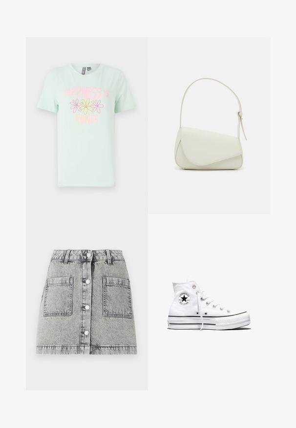 Muntgroene katoenen t-shirt met korte mouwen, met een grafisch ontwerp van gele en roze bloemen en de tekst "Happiness is Power."; Lichtgrijze denimrok met een vervaagde textuur, voorzien van een knoopsluiting aan de voorkant, twee grote zijzakken en een rechte snit.; Witte hoge Converse Chuck Taylor All Star sneaker met zwart logopatch en witte veters, weergegeven op een witte achtergrond.; Witte nepleren handtas met een gestructureerde driehoekige vorm, een enkele verstelbare schouderriem en een klep met ronde accenten.