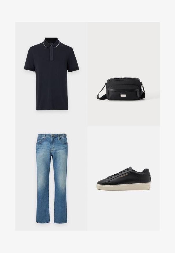 Polo bleu marine à manches courtes avec bordure de col blanche et patte de boutonnage dissimulée, présenté sur un fond neutre.; Pantalon en denim bleu, design à jambe droite avec un délavage, présentant un style classique à cinq poches et des accents en métal.; Sneaker en cuir noir avec une finition lisse, semelle crème contrastante, bout arrondi, logo doré sur le côté et six œillets pour les lacets.; Sac bandoulière rectangulaire noir avec poche avant zippée, sangle réglable et plaque logo rectangulaire argentée sur fond uni.