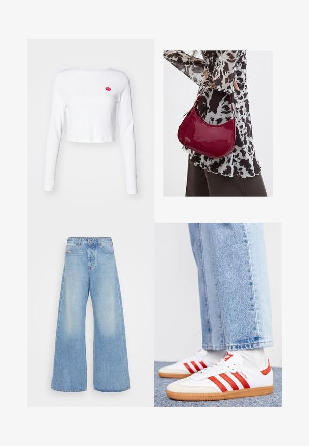 Weißes, kurzes Langarmoberteil aus weichem Stoff, mit einer kleinen pinken Rosenstickerei auf der linken Brust. Einfaches Design, ohne Muster.; Hellblaues, weit geschnittenes Jeansmodell aus Denim. Verfügt über ein klassisches Fünf-Taschen-Design, einen Knopfverschluss und ausgebleichte Stellen für einen vintage Look.; Weiße Leder Sneaker mit roten Streifen und Akzenten. Verfügt über eine strukturierte Gummi-Laufsohle und einen gepolsterten Schaft. Tragen mit hellblauer Jeans.; Frau trägt eine schwarz-weiß gemusterte Bluse und hält eine glänzende rote Schultertasche vor einem einfarbigen Hintergrund.