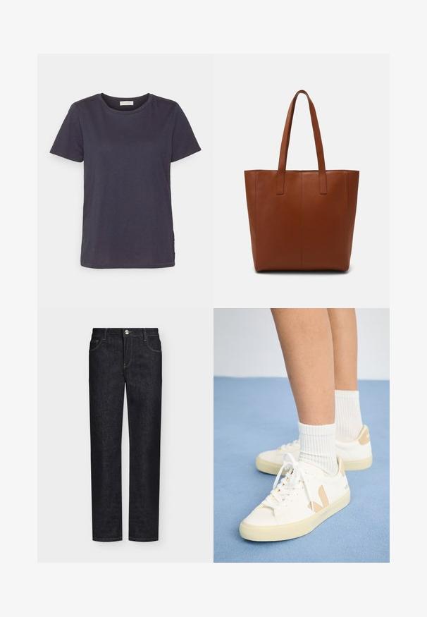 Navyblauwe T-shirt met korte mouwen van zacht katoen. Heeft een klassiek ronde halslijn en een rechte zoom met een label aan de zijkant.; Zwarte rechte spijkerbroek met voorzakken, riemlussen en knoopsluiting op een effen achtergrond.; Witte sneakers met tan accenten, ronde neus en witte veters. Draag met geribbelde witte sokken, tegen een lichtblauwe achtergrond.; Bruine leren boodschappentas met een gladde textuur, verticale naaddetails en twee platte handvatten. Open ontwerp aan de bovenkant, ruime binnenkant.