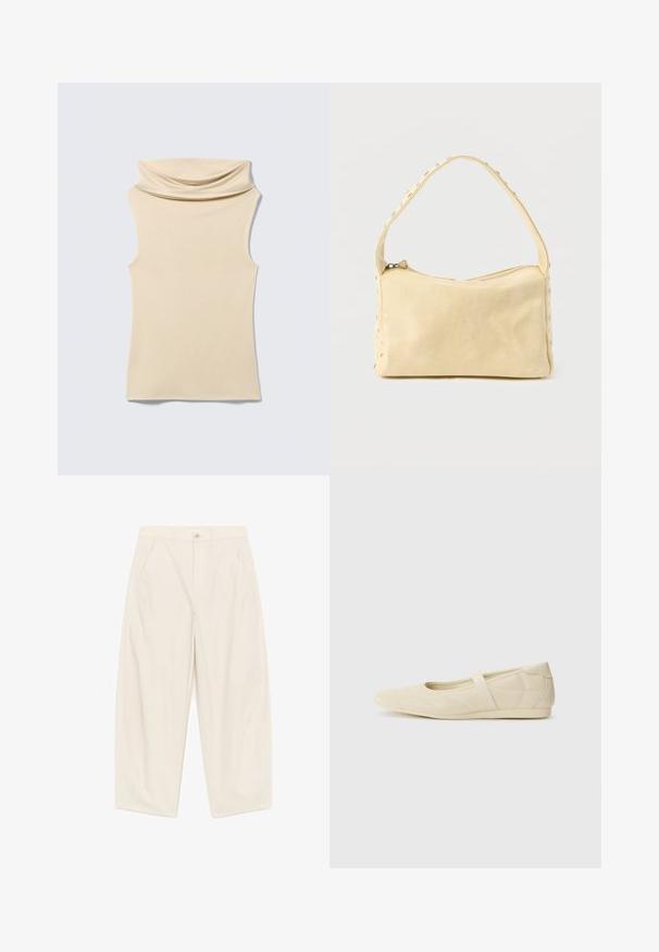 Haut sans manches beige à col roulé avec un détail de col doux et plié, posé à plat sur un fond gris clair.; Pantalon crème à taille haute et jambes larges, avec bouton avant, fermeture éclair, passants pour ceinture et poches latérales inclinées.; Ballerines beiges avec une exterior en cuir lisse, un bout en forme d'amande et une sangle élastique sur le coup de pied, avec des détails de couture subtils.; Petit sac à main en cuir beige avec une seule bandoulière et des clous argentés le long des bords et de la bandoulière, posé sur un fond uni.