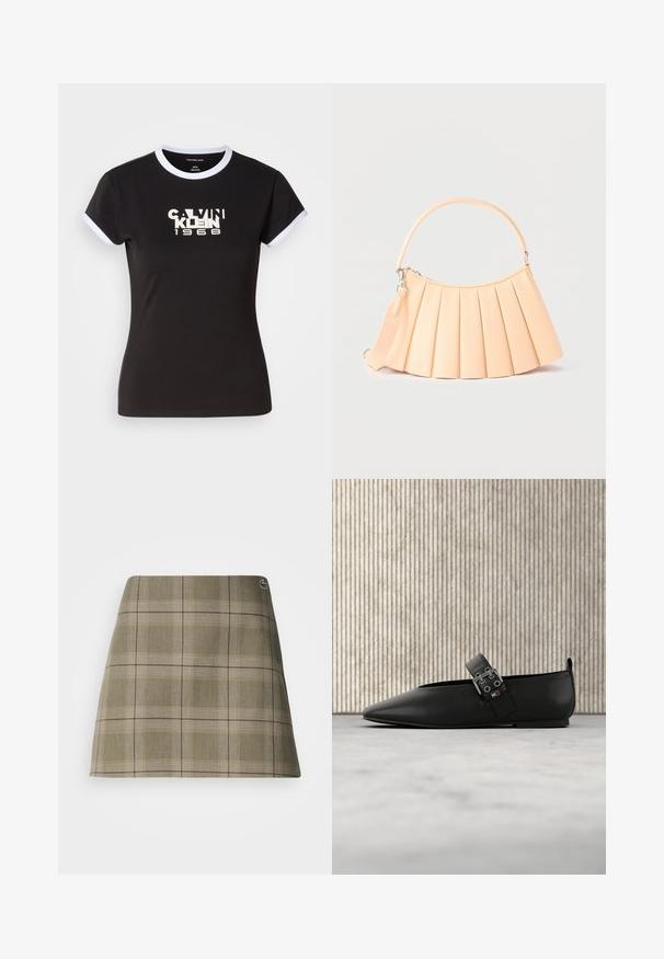 Sort t-shirt med hvide ringer detaljer, med en iøjnefaldende Calvin Klein 1968 grafik i midten. Lavet af bomuld, kortærmet.; Skotsk ternet mini nederdel i olivengrøn og beige, med et lige design, en subtil struktur og en lille logoaccent nær taljen.; Sort læder flad sko med spids tå og sidelæderstropp, med sølv hardware. Glat tekstur mod en neutral tæppebaggrund.; Beige plisseret håndtaske med afrundet hank og aftagelig skulderrem, vist mod en enkel lys baggrund.