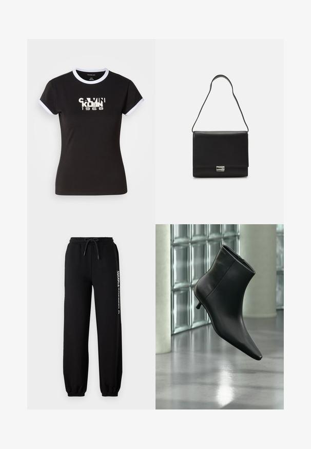 Camiseta negra con detalles en blanco, que presenta un gráfico audaz de Calvin Klein 1968 en el centro. Fabricada en algodón, de manga corta.; Pantalones de chándal negros con cinturilla elástica, cordón ajustable y puños ceñidos. Presenta un logo blanco impreso en el lado izquierdo.; Botín negro de cuero con punta puntiaguda y tacón bajo estilo kitten, mostrado en ángulo sobre un suelo pulido y con una pared de bloques de vidrio de fondo.; Calvin Klein ARCHIVE SHOULDER BAG SHINY - Bolso de mano - black