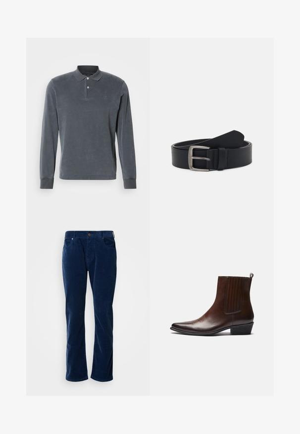 Langärmliges Poloshirt in Dunkelgrau, aus weichem Stoff gefertigt, mit einer Knopfleiste mit drei Knöpfen, gerippten Bündchen und dezentem gesticktem Logo auf der Brust.; Scotch & Soda THE ZEE STRAIGHT - Stoffhose - insignia blue; Braune Leder-Ankle-Boots mit spitzer Spitze, elastischen Seitenteilen, strukturierten Details auf der Vorderseite und einem niedrigen, gestapelten Absatz.; Schwarzer Ledergürtel mit einer silbernen Metallschnalle, verfügt über eine glatte Oberfläche und ein klassisches Design. Der Gürtel ist aufgerollt, mit dem Ende nach oben gerichtet.