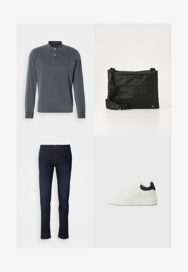 Dons lange mouw polo shirt in donkergrijs, gemaakt van zachte stof, heeft een drie-knopen sluiting, ribgebreide manchetten en een subtiele geborduurde logo op de borst.; Donkerblauwe denim jeans met een rechte pijp, voorzien van voorzakken, een ritssluiting en subtiele stikdetails.; Witte leren sneaker met een zwarte hielaccent, ronde neus, platte witte zool en vetersluiting. Minimale perforaties aan de zijkanten.; Zwarte nylon boodschappentas met verstelbare riem, plat ontwerp en een zijlabel met een logo. Soepele textuur en minimalistische stijl.
