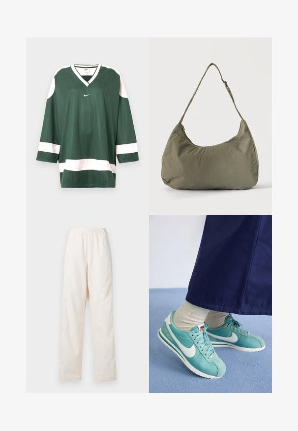 Vihreä urheilupaita kevyessä ribbineuloksessa, jossa on valkoisia yksityiskohtia ja V-kaula-aukko. Paidassa on Nike-logo rinnassa.; Vapaat, kuminauhavyötärölliset kermaan sävyiset housut, joissa on suora lahkeenleikkaus, valkoista taustaa vasten esitetty.; Turkoosi Nike-kengät valkoisilla yksityiskohdilla, valmistettu sileästä kankaasta ja mokasta, retrotyylinen muotoilu ja teksturoitu pohja.; Oliivinvihreä pehme kangasolkaiminen laukku, jossa on vetoketjukiinnitys ja säädettävä olkahihna vaalealla yksivärisellä taustalla.