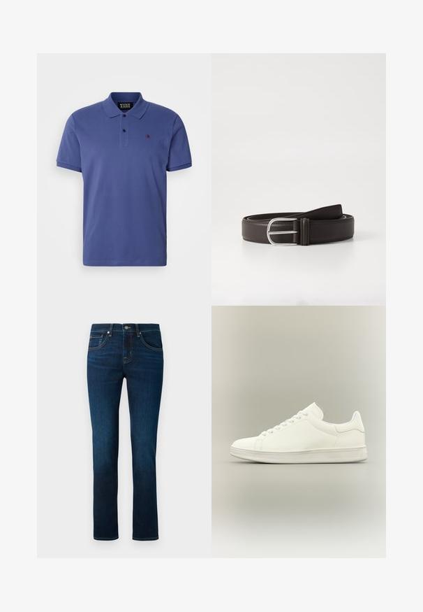 Kortærmet polo-shirt i ensfarvet mørkeblå bomuld. Med klassisk krave, tre-knaps knaplukning og lille broderet logo på brystet.; Mørkeblå jeans med et lige ben-design, klassisk fem-lomme stil og subtile syninger. Fremstillet af denimstof.; Minimalistisk hvid lavtop sneaker med snørebånd, glat læderoverdel og tekstureret gummisål vist på neutral baggrund.; Brunt læderbælte med en sølv rektangulær spænde, glat tekstur og en afrundet ende, designet til en justerbar pasform.