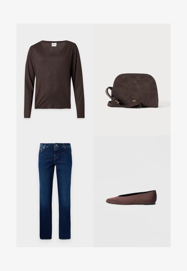 Donkerbruine shirt met lange mouwen, ronde halslijn, rechte zoom en een klein wit label met "CLOSED" binnenin de kraag.; Donkerblauwe denim jeans met een rechte pijpontwerp, voorzien van een klassieke tailleband, vijf zakken en subtiele stiksels op de naden.; Bruine stoffen balletschoenen met een puntige neus en een gladde textuur, voorzien van een lage achterkant en een dunne zwarte zool. Geen zichtbare patronen of metalen onderdelen.; Donkerbruine suède crossbodytas met gebogen bovenzijde, verstelbare schouderriem en klein gouden "AGL" logo aan de voorkant in het midden.