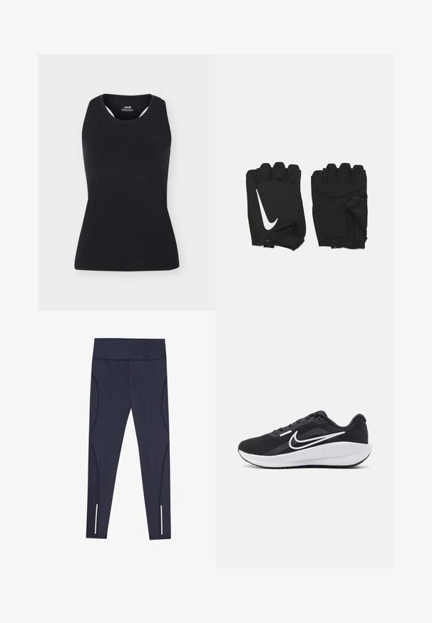 Débardeur de sport noir sans manches avec encolure ronde et dos nageur, présenté sur un fond uni clair.; Leggings bleu marine en tissu extensible, dotés d'une taille haute et de coutures latérales arrondies, avec des accents réfléchissants au niveau des ourlets des chevilles.; Chaussure de sport noire avec une tige en maille, accents blancs, semelle rembourrée et un design épuré. Caractérisée par un bout arrondi et une semelle extérieure plate.; Gants de gym sans doigts noirs en tissu respirant, avec un logo blanc Nike, des paumes rembourrées et un design ouvert au niveau du poignet pour plus de flexibilité.