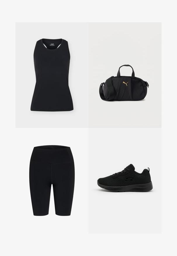 Schwarzes ärmelloses Sporttanktop mit rundem Ausschnitt und Racerback-Design, auf schlichtem, hellem Hintergrund dargestellt.; Hoch taillierte, schwarze, knielange Stretch-Shorts mit flachen Nähten, designed für Sportbekleidung oder den Freizeitgebrauch.; Schwarze Sportsneaker mit einem Obermaterial aus Mesh, gepolstertem Kragen, Schnürdesign und einer strukturierten Gummisohle. Schlichte und schlanke Silhouette.; Schwarze, strukturierte Umhängetasche mit oberen Griffen, breitem, verstellbarem Schulterriemen und kleinem goldfarbenem Puma-Logo mittig auf der Vorderseite.