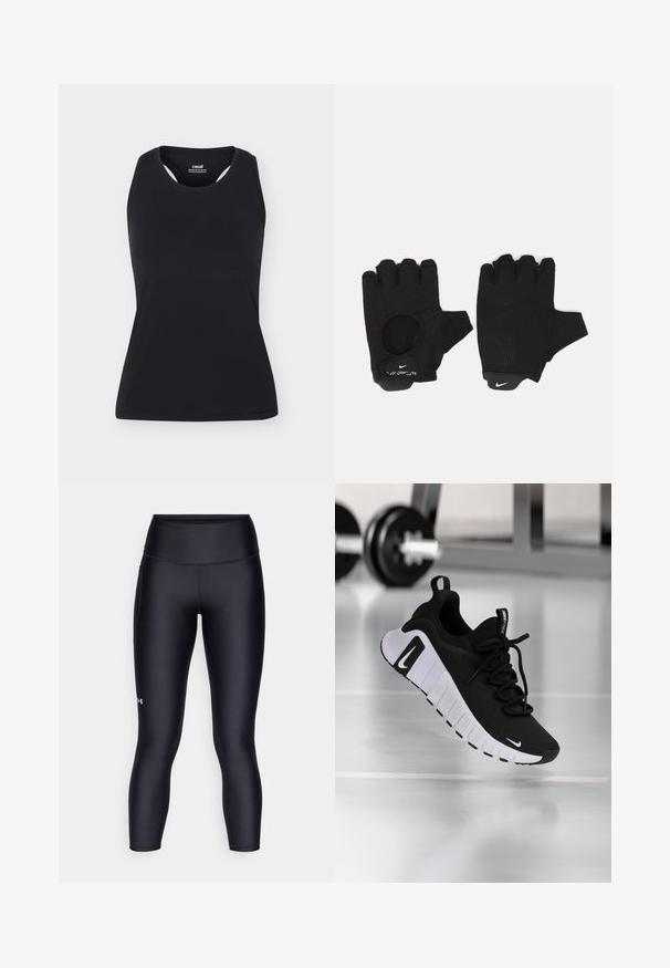 Zwarte mouwloze sporttanktop met ronde halslijn en racerback-ontwerp, getoond op een effen lichte achtergrond.; Zwarte leggings van glad, rekbaar materiaal. Hoog ingezette taille met een nauwsluitende pasvorm en een klein logo op het linkerpedaal.; Zwarte sportschoen met een textuurstof bovenwerk, witte zool en een opvallend vetersysteem. Voorzien van een Nike-logo en een zacht, gedempt ontwerp.; Zwarte vingerloze handschoenen met een gestructureerd ontwerp. Gemaakt van een ademend materiaal, met een duimopening en versterkte palm voor grip.