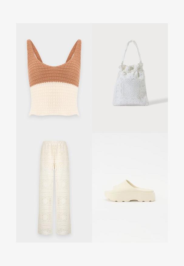 Gebreide tanktop met brede bandjes, met een bovenste helft in bruin en een onderste helft in crème in een wafelstructuurpatroon.; Witte kanten broek met wijd uitlopende pijpen met geometrische en bloemrijke uitknip-patronen, elastische tailleband en semi-transparante stof.; Beige instapsandaal met een gladde rubberachtige oppervlakte, ronde neus, dikke zool en een gestructureerde onderkant voor grip. Minimalistisch ontwerp.; Witte stoffen draagtas met kanten bloemenborduurwerk en een geplooid bovenhandvat, getoond tegen een effen lichte achtergrond.