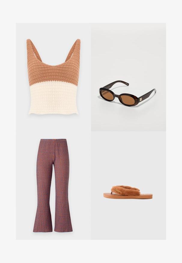 Gebreide tanktop met brede bandjes, met een bovenste helft in bruin en een onderste helft in crème in een wafelstructuurpatroon.; Geprinte flared broek met een golfontwerp in oranje en blauw, gemaakt van textuurstof met een elastische tailleband voor comfort.; Bruine fluffy teenslipper met brede banden en een gestructureerde voetbed. Beschikt over een gouden logo-accent. De zool is plat en gemaakt van rubber.; Bruine schildpadzonnebril met ovale lenzen, met een dunne montuur en een kleine metalen accent aan de zijkant. Geverfd en gepolijst afwerking.