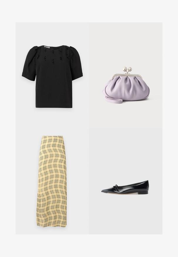 Top negro de manga corta con escote redondeado, que presenta cuentas negras decorativas dispuestas verticalmente en la parte delantera. Tejido texturizado y ligero.; Rabanne Falda larga - green/yellow/cream; Zapato plano de charol negro con punta afilada, pequeña tira decorativa y tacón bajo. Textura suave y diseño elegante.; Bolso de mano suave de lavanda con tela recogida, cierre de beso plateado y correa de muñeca a juego sobre un fondo liso y claro.