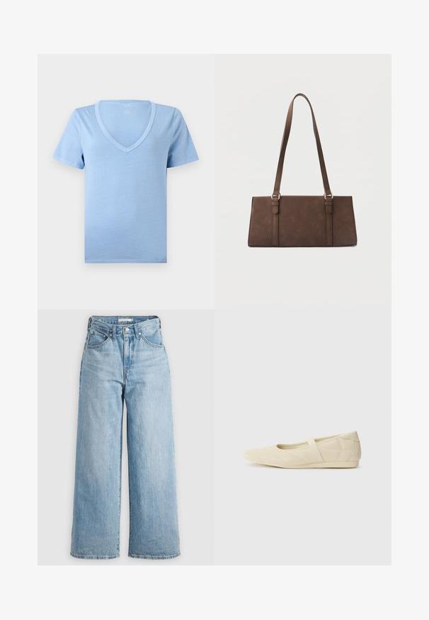 Camiseta azul claro de manga corta y cuello en V, hecha de tela de algodón suave, mostrada extendida sobre un fondo blanco.; Vaqueros de pierna ancha de color azul claro con una cintura alta, confeccionados en tejido de denimbre. Presentan un diseño clásico de cinco bolsillos y herrajes metálicos.; Bailarinas beige con un exterior de cuero liso, punta en forma de almendra y una correa elástica en el empeine, con detalles de costura sutiles.; Bolso marrón rectangular de hombro con correas largas y detalles mínimos de costura sobre un fondo liso.