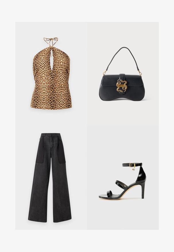Leopard-print halter top with a front keyhole cutout and tie closure at the neck, made of lightweight fabric.; Wide-leg jeans made of dark denim with black fabric panels on the sides, featuring a high waist and visible stitching details.; Black patent leather sandal with three straps, ankle buckle, and 4-inch stiletto heel. Features gold hardware detail and logo charm.; Black leather handbag with a curved shape, single handle, and gold snake-shaped clasp labeled "Just Cavalli" on a plain background.