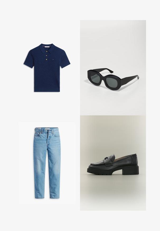 Marineblå kortærmet polo med kabelstriktekstur, ribkanter, krave, tre gyldne knapper og lille logo på brystet.; Lyseblå højtaljede straight-leg denimjeans med knaplukning og femlomme-design, vist fladt på en hvid baggrund.; Sort læderloafer med kraftig sål og dekorativt spænde, vist fra siden på en neutral baggrund.; Sorte rektangulære solbriller med tykke rammer, mørke linser og vinklede templer. Glat plastmateriale med en blank finish.