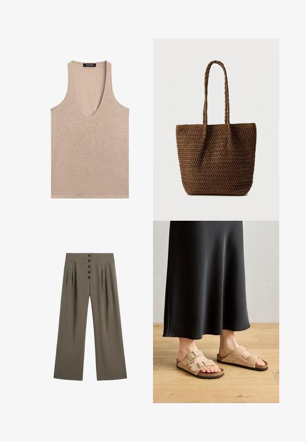 Beige ærmeløs tanktop med dyb rund halsudskæring og en Massimo Dutti-mærkat på bagsiden af halsen.; Brune bukser med brede ben, høj talje, frontplisseringer og fem sorte knapper ned langs midten.; Lysbrune ruskindsandaler med to justerbare spænder, korkfodbed og gummisål, parret med en sort gulvlængde nederdel.; Brun flettet mulepose med to flettede håndtag, rektangulær krop og åben top, sat op mod en ensfarvet lys baggrund.