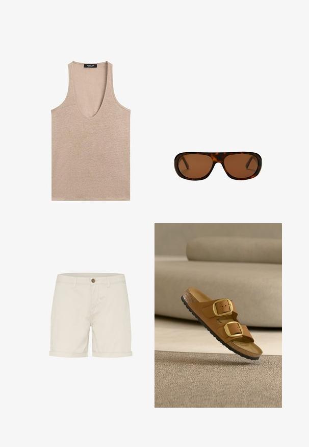 Beiges ärmelloses Tanktop mit tiefem Rundhalsausschnitt und einem Massimo Dutti Etikett am hinteren Nacken.; Helle beige Baumwollshorts mit Knopfverschluss, umgeschlagenen Säumen und Seitentaschen. Glatte Textur und maßgeschneiderte Passform für Komfort.; Braune Sandale mit zwei großen goldenen Schnallen und Korksohle, die über einem beigen Teppich und Sofa im Hintergrund schwebt.; Rechteckige Schildpatt-Sonnenbrille mit braun getönten Gläsern und dickem Gestell.