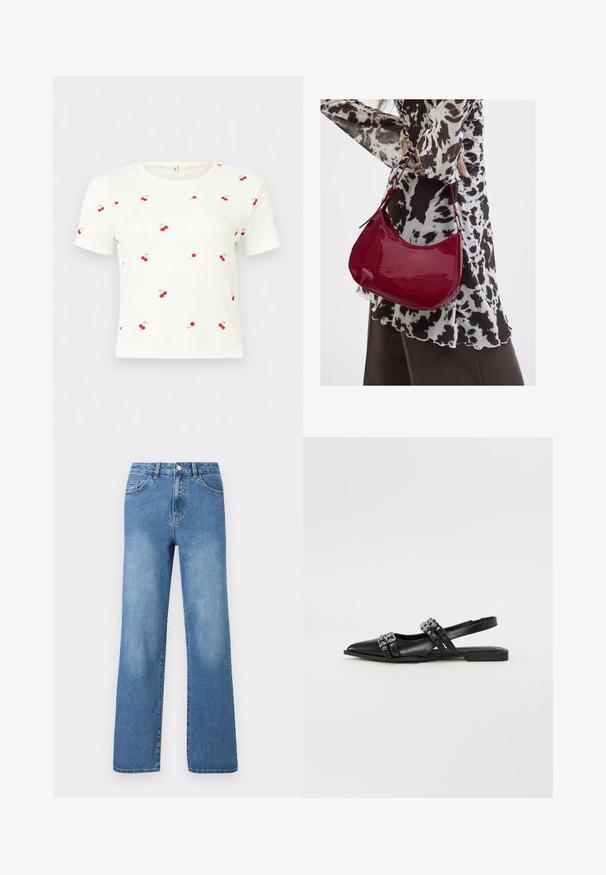 Chemise blanche à manches courtes et courte, avec de petits motifs de cerises rouges et des feuilles vertes dispersées sur le tissu.; Jeans en denim bleu clair avec une taille haute, un design à jambes larges, cinq poches et des détails de couture visibles. Texture lisse avec un léger délavage.; Even&Odd by Zalando Ballerines à brides arrière - black; Femme portant un chemisier à motif noir et blanc tenant un sac à main rouge brillant sur un fond uni.