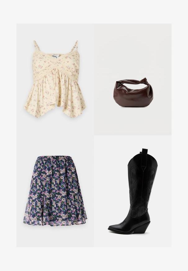 Gul blomster camisole med tynde stropper, rynket bryst og flæsekant. Har små lyserøde og blå blomster samt blonde detaljer.; Blomsterkjole med elastisk talje. Har en mørk navy baggrund med pink, hvide og grønne blomstermønstre. Let og svalende stof.; Sort læder cowboystøvle med spidst tåparti, skråt blokhælhæl, dekorative sømme og trækstropper øverst mod hvid baggrund.; Mørkebrun læder skuldertaske med en blød, afslappet form og et snoet knudehåndtag på en ensartet hvid baggrund.