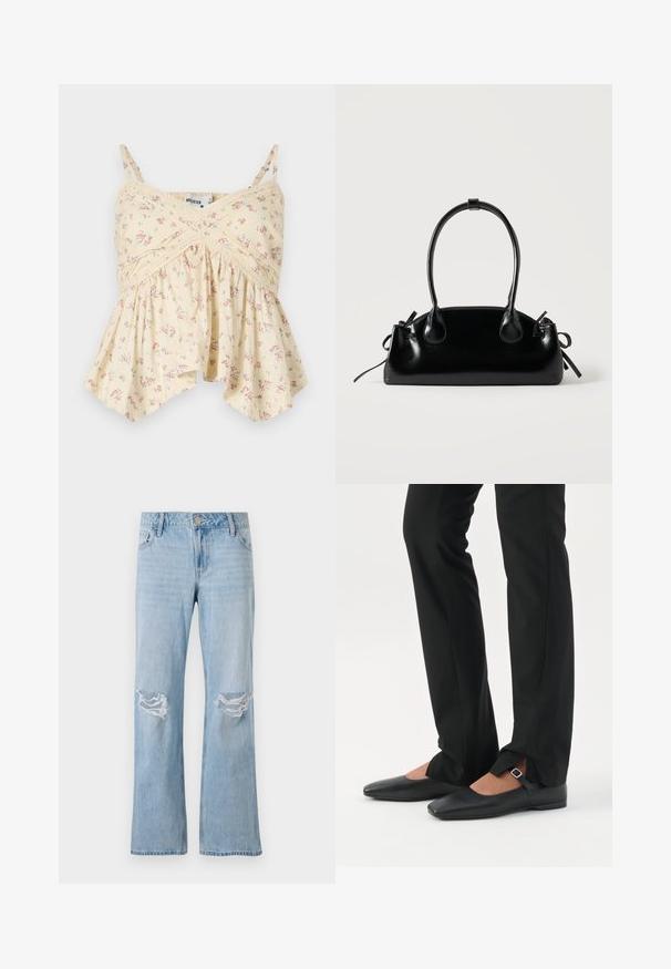Gul blomster camisole med tynde stropper, rynket bryst og flæsekant. Har små lyserøde og blå blomster samt blonde detaljer.; Lysblå denimjeans med lige ben-design, der har to knærevner, en metalknaplukning og fem lommer.; Ben iført sorte smalle bukser med forreste slidser ved kanten, parret med sorte flade Mary Jane-sko med lille spænde.; Lille sort blank håndtaske med to lange håndtag og snøre-detaljer i siden på en ensfarvet lys baggrund.