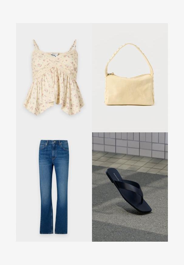 Camisole jaune à fleurs avec des bretelles fines, un bustier froncé et un ourlet évasé. Présente de petites fleurs roses et bleues ainsi que des détails en dentelle.; Jeans en denim bleu évasés avec un design à cinq poches, braguette zippée et texture délavée. Comprend des accents de couture et une taille standard.; Sandale noire à lanière avec bout carré et nom de la marque sur la semelle, positionnée debout sur un pavement texturé près d’un mur carrelé.; Petit sac à main en cuir beige avec une seule bandoulière et des clous argentés le long des bords et de la bandoulière, posé sur un fond uni.