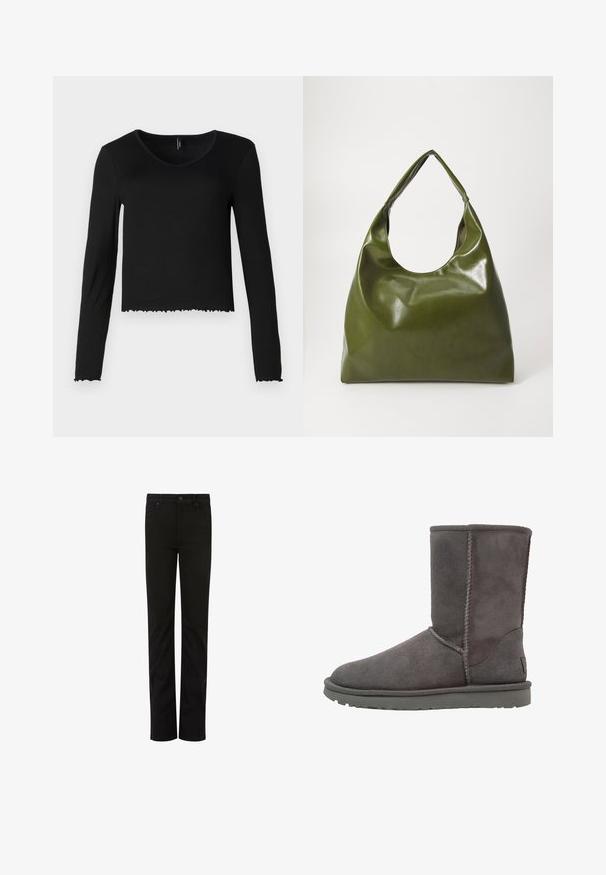 Sort langærmet V-hals top i ribbet tekstur, med et cropped design og en bølget kant uden synlig hardware.; Sorte lige ben bukser lavet af en blanding af bomuldsstof, har en knaplukning, fem lommer og subtile stikninger.; Grå ruskinds ankelstøvle med en rund tå, lodrette sømdetaljer og en flad gummisål. Har et enkelt, uudsmykket design.; Grøn læder hobo taske med en slouchy design, buet håndtag og glat tekstur. Indeholder ingen synlig hardware eller accenter.