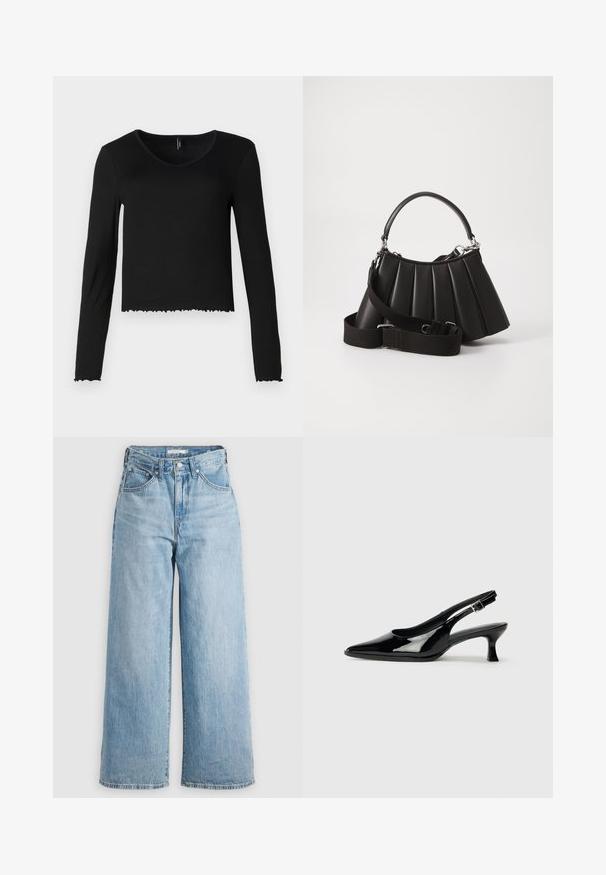 Top negro de manga larga con escote en V en textura acanalada, con un diseño corto y dobladillo festoneado, sin hardware visible.; Vaqueros de pierna ancha de color azul claro con una cintura alta, confeccionados en tejido de denimbre. Presentan un diseño clásico de cinco bolsillos y herrajes metálicos.; Zapatos de charol negro tipo slingback con punta afilada y tacón bajo. Correa ajustable con hebilla en el tobillo.; Bolso de mano negro con pliegues, manejo redondeado, correa ajustable y textura brillante. Presenta herrajes plateados y una silueta estructurada.