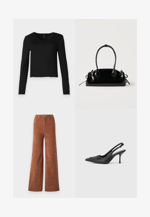 Blouse noire à manches longues en V en texture côtelée, avec une coupe cropped et un ourlet festonné, sans matériel visible.; Pantalons en velours côtelé à jambes larges dans une riche couleur brune, dotés de côtes verticales, de poches avant et d'une fermeture à bouton à la taille.; Escarpin en cuir noir à talon aiguille avec un bout pointu, une bride latérale à boucle, des clous le long du bord et un laçage décoratif à l'avant.; Petit sac à main noir brillant avec deux longues anses et des détails à cordon sur les côtés sur un fond clair uni.