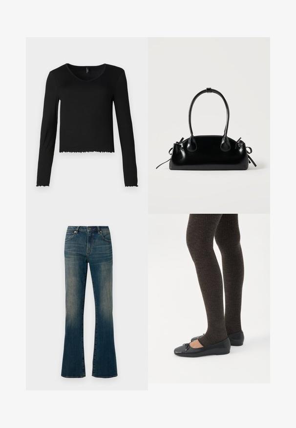 Top negro de manga larga con escote en V en textura acanalada, con un diseño corto y dobladillo festoneado, sin hardware visible.; Jeans de mezclilla azul acampanados con un acabado ligeramente desgastado, diseño de cinco bolsillos, cierre de botón y detalles cosidos a lo largo de las costuras.; Piernas con leggings oscuros acanalados combinados con bailarinas negras que presentan pequeños detalles de lazo sobre un fondo blanco.; Pequeño bolso negro brillante con dos asas largas y detalles de cordón lateral sobre un fondo claro liso.