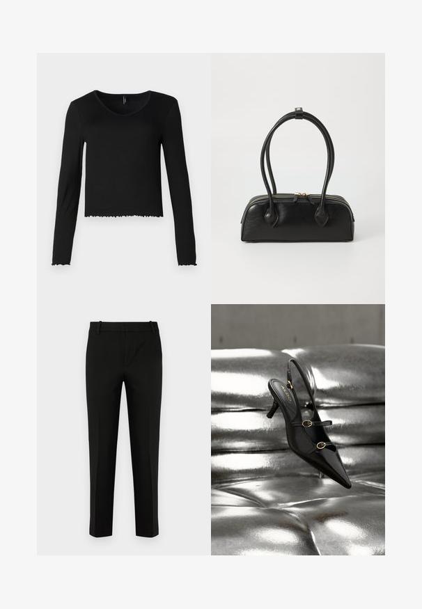 Blouse noire à manches longues en V en texture côtelée, avec une coupe cropped et un ourlet festonné, sans matériel visible.; Pantalons noirs à coupe slim, avec un devant plat, des poches latérales et une texture lisse. Conçus avec une taille mi-haute et des jambes fuselées.; Escarpin slingback noir à bout pointu avec deux brides à boucle dorée reposant sur une surface rembourrée argentée brillante.; Sac à main en cuir noir avec deux anses allongées, fermeture éclair et forme arrondie ; texture lisse avec une finition légèrement brillante.