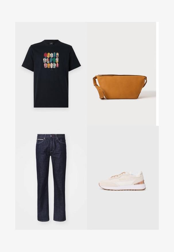 Sort bomulds T-shirt med et farverigt grafisk motiv af forskellige læber i forskellige mønstre og farver på foran. Rund halsudskæring, korte ærmer.; Mørkeblå denim jeans med lige pasform, diskrete kontrastsyninger, fem lommer og knappelukning i taljen.; Sneakers med en beige ruskinds-overdel, hvide accenter, brun gummisål og farverige striber på hælen; har brune snørebånd.; Lys brun læder crossbody taske med justerbar rem og lynlås, vist mod en ensartet lys baggrund.