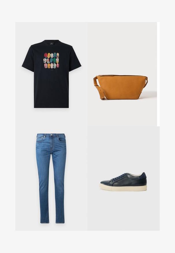 Schwarzes Baumwoll-T-Shirt mit einem bunten Grafikdruck verschiedener Lippen in unterschiedlichen Mustern und Farben auf der Vorderseite. Runder Halsausschnitt, kurze Ärmel.; Blaue Jeans aus Denim mit geradem Schnitt, fünf Taschen und einem Knopfverschluss. Der Stoff hat eine glatte Textur und dezente Verblassungsdetails.; Dunkelblaues Leder-Sneaker mit cremefarbener Gummisohle, ausgestattet mit blauen Schnürsenkeln und einer glatten Textur. Abgerundete Zehenpartie und minimalistisches Design.; Hellbraune Leder-Umhängetasche mit verstellbarem Schulterriemen und Reißverschluss, vor einem schlichten hellen Hintergrund gezeigt.
