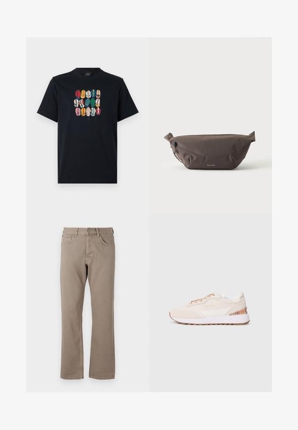 Camiseta de algodón negra con un gráfico colorido de varios labios en diferentes patrones y colores en la parte frontal. Cuello redondo, mangas cortas.; Vaqueros rectos beige hechos de tela de algodón, con cinco bolsillos, cierre de botón y cremallera, y costuras visibles a lo largo de las costuras.; Zapatillas con un upper de ante beige, acentos blancos, suela de goma marrón y detalle de rayas coloridas en el talón; cuenta con cordones marrones.; Riñonera de tela marrón oscuro con bolsillo diagonal con cremallera y pequeño logo blanco en el frontal, sobre un fondo liso y claro.