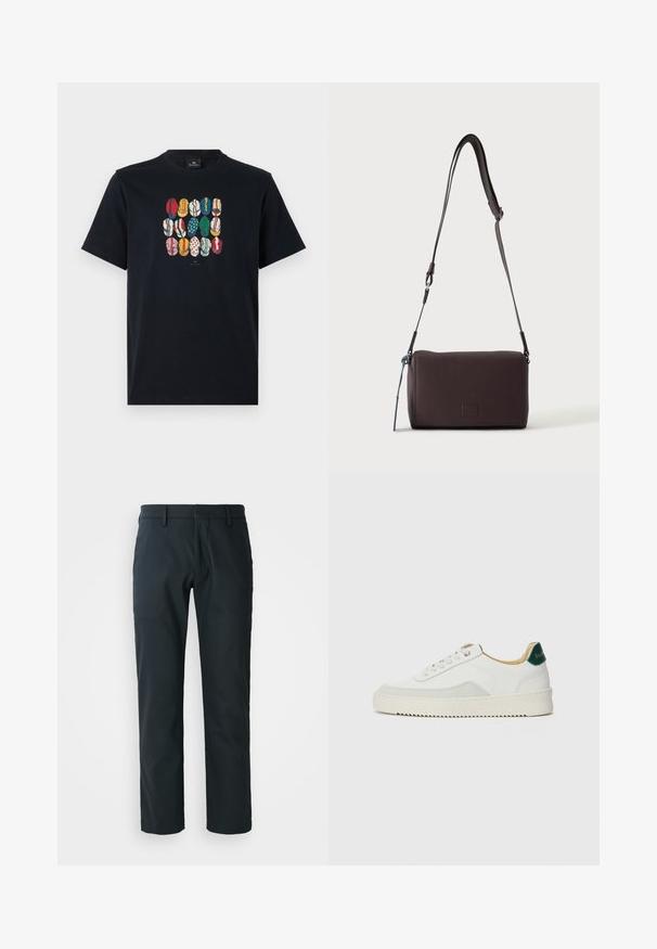 T-shirt en coton noir avec un graphique coloré représentant différentes lèvres dans divers motifs et couleurs sur le devant. Encolure ronde, manches courtes.; Pantalons noirs à jambes droites en tissu doux ; dotés de passants de ceinture et d'un design à plat à l'avant. Poches latérales incluses.; Baskets blanches avec des accents en daim, bout arrondi, lacets plats et semelle en caoutchouc crème. Présente une marque verte sur le talon.; Sac bandoulière en cuir marron foncé texturé avec une sangle réglable et un petit accent décoratif bleu sur le côté.