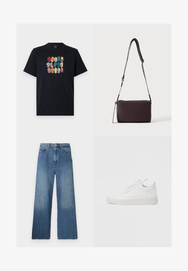 Sort bomulds T-shirt med et farverigt grafisk motiv af forskellige læber i forskellige mønstre og farver på foran. Rund halsudskæring, korte ærmer.; Bredde ben blå denim jeans med et klassisk fem-lomme design, frontlukning med knap og let falming for tekstur.; Hvid lædersneaker med rundet tå, flad sål og snørebånd foran. Har syningsdetaljer og polstret krave for komfort.; Mørkebrun textured læder crossbody taske med justerbar rem og lille dekorativ blå accent på siden.