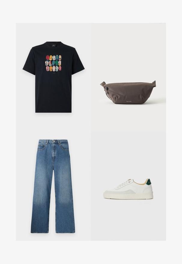 Camiseta de algodón negra con un gráfico colorido de varios labios en diferentes patrones y colores en la parte frontal. Cuello redondo, mangas cortas.; Jeans de denim azul de pernera ancha con un diseño clásico de cinco bolsillos, cierre frontal con botón y un ligero desgastado para dar textura.; Zapatilla blanca con acentos de ante, puntera redondeada, cordones planos y suela de goma color crema. Presenta un logo verde en el talón.; Riñonera de tela marrón oscuro con bolsillo diagonal con cremallera y pequeño logo blanco en el frontal, sobre un fondo liso y claro.
