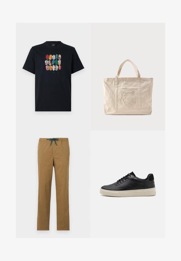 T-shirt en coton noir avec un graphique coloré représentant différentes lèvres dans divers motifs et couleurs sur le devant. Encolure ronde, manches courtes.; Pantalon en coton marron avec cordon de serrage à la taille en teal. Le design présente des jambes droites sans poches visibles ni embellissements.; Baskets en cuir noir à profil bas, avec une semelle en caoutchouc couleur crème, bout rond et design à lacets, rehaussées d'un talon en daim noir.; Sac fourre-tout en toile beige avec doubles anses et un motif en relief de tête de loup sur la poche avant.