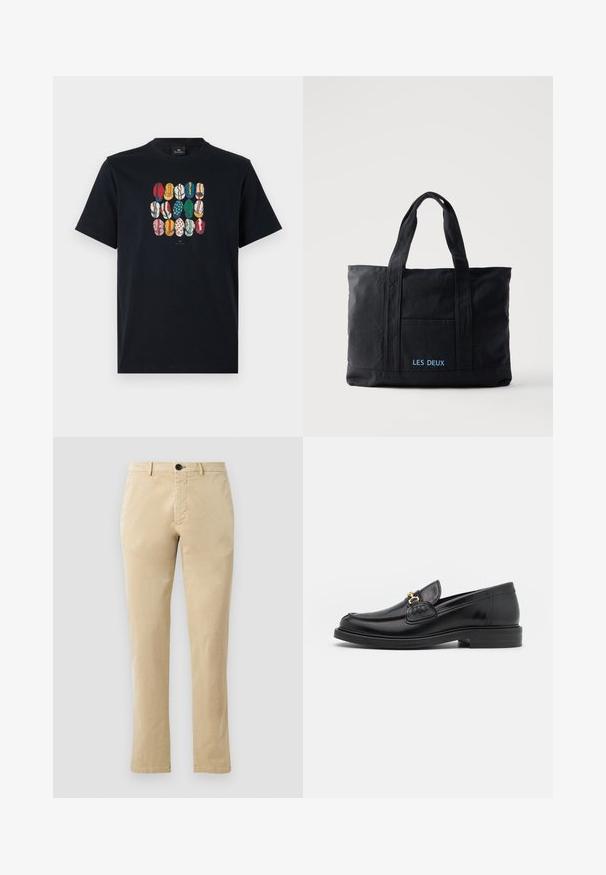 Sort bomulds T-shirt med et farverigt grafisk motiv af forskellige læber i forskellige mønstre og farver på foran. Rund halsudskæring, korte ærmer.; Beige bomulds chinos med lige ben, der har en front knaplukning og diskrete syninger. Glat tekstur og uden mønstre.; Sorte læder loafers med en rund tå, der har guld hardware accent og syningsdetaljer, placeret på en lav, tekstureret gummisål.; Sort lærredstaske med to håndtag, forlomma og "LES DEUX" broderet i blåt på forlommen.