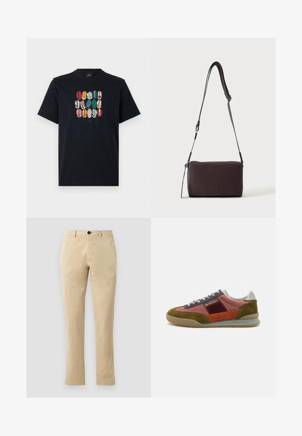 Sort bomulds T-shirt med et farverigt grafisk motiv af forskellige læber i forskellige mønstre og farver på foran. Rund halsudskæring, korte ærmer.; Beige bomulds chinos med lige ben, der har en front knaplukning og diskrete syninger. Glat tekstur og uden mønstre.; PS Paul Smith DOVER - Sneakers - pink; Mørkebrun textured læder crossbody taske med justerbar rem og lille dekorativ blå accent på siden.