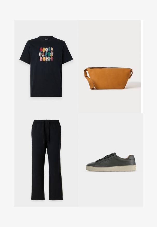 T-shirt en coton noir avec un graphique coloré représentant différentes lèvres dans divers motifs et couleurs sur le devant. Encolure ronde, manches courtes.; Pantalon de jogging noir à coupe droite avec taille élastique et cordons noirs, présenté sur un fond gris clair uni.; Baskets basses en cuir noir avec lacets noirs et semelle en caoutchouc écrue, vues de côté extérieur sur fond blanc.; Sac bandoulière en cuir marron clair avec sangle réglable et fermeture éclair, présenté sur un fond clair uni.
