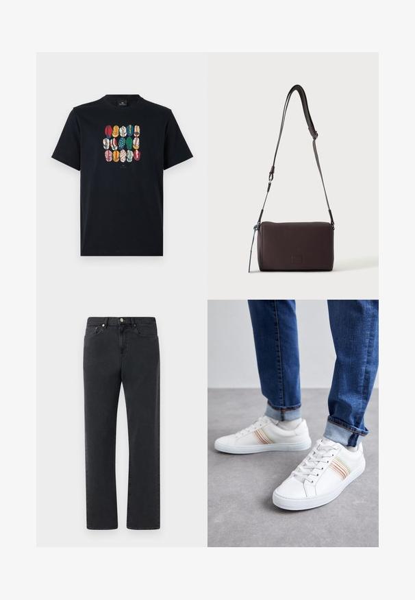Schwarzes Baumwoll-T-Shirt mit einem bunten Grafikdruck verschiedener Lippen in unterschiedlichen Mustern und Farben auf der Vorderseite. Runder Halsausschnitt, kurze Ärmel.; Schwarze Jeans aus Denim mit geradem Bein, fünf Taschen und Metallelementen. Der Stoff hat eine glatte, leicht strukturierte Oberfläche.; Weiße Leder-Sneaker mit mehrfarbigen Streifen, Schnürdesign, Gummisohle und gepolstertem Kragen, kombiniert mit blauen Jeans.; Dunkelbraune, strukturierte Leder-Crossbody-Tasche mit verstellbarem Riemen und kleinem dekorativen blauen Akzent an der Seite.