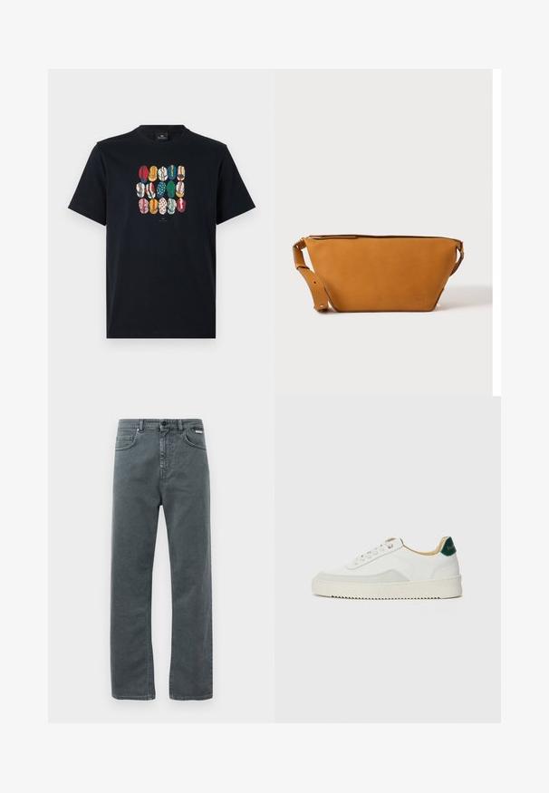Schwarzes Baumwoll-T-Shirt mit einem bunten Grafikdruck verschiedener Lippen in unterschiedlichen Mustern und Farben auf der Vorderseite. Runder Halsausschnitt, kurze Ärmel.; Graue Jeans aus Denim mit geradem Bein, fünf Taschen und Knopfverschluss. Verfügt über dezente Nähte und ein klassisches, minimalistisches Design.; Weiße Sneaker mit Wildlederelementen, runder Zehenpartie, flachen Schnürsenkeln und einer cremefarbenen Gummisohle. Mit grünen Markenlogo am Fersenbereich.; Hellbraune Leder-Umhängetasche mit verstellbarem Schulterriemen und Reißverschluss, vor einem schlichten hellen Hintergrund gezeigt.