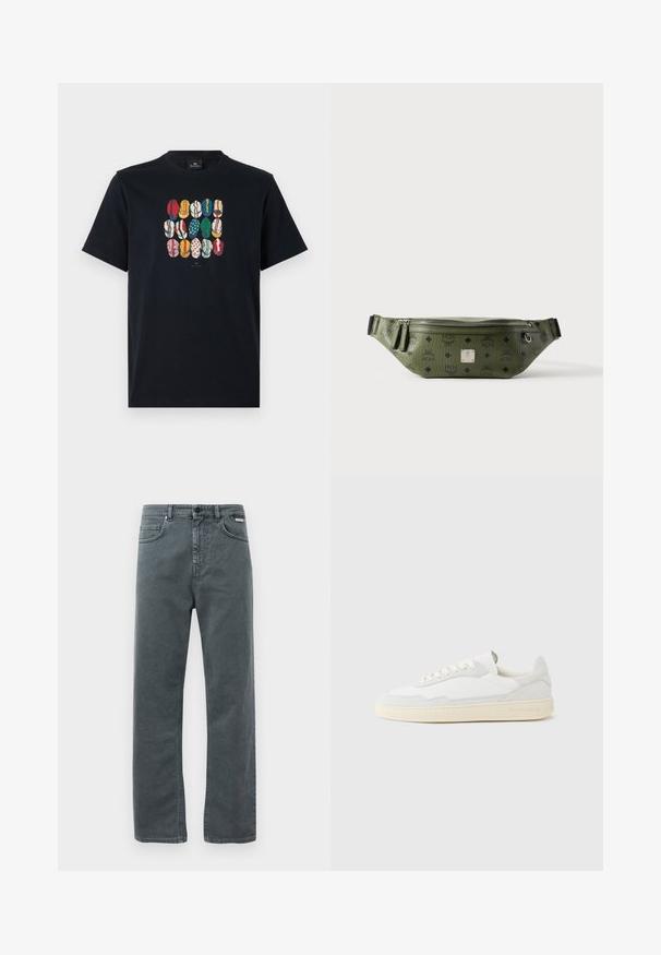 T-shirt en coton noir avec un graphique coloré représentant différentes lèvres dans divers motifs et couleurs sur le devant. Encolure ronde, manches courtes.; Jean en denim gris avec une coupe droite, cinq poches et une fermeture à bouton. Présente des coutures discrètes et un design classique et minimal.; Baskets blanches avec dessus en daim et cuir texturé. Caractérisées par un bout arrondi, une fermeture à lacets et une semelle en caoutchouc beige contrastante.; Sac banane en cuir texturé vert olive avec logos noirs, fermeture éclair argentée, doubles tirettes et plaque de marque centrale argentée.