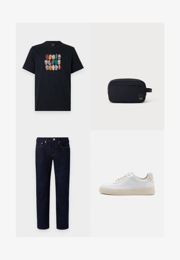 Schwarzes Baumwoll-T-Shirt mit einem bunten Grafikdruck verschiedener Lippen in unterschiedlichen Mustern und Farben auf der Vorderseite. Runder Halsausschnitt, kurze Ärmel.; Dunkelblaue Jeans aus Denim mit geradem Bein, orangefarbenen Nähten, fünf Taschen und einem vorderen Knopfverschluss.; Weiße Sneaker mit einem glatten Lederobermaterial, beigen Schnürsenkeln und einer strukturierten, beigen Wildleder-Fersenschlaufe. Erhöhte Sohle für zusätzlichen Komfort.; Schwarze rechteckige Kulturtasche mit vorderer Reißverschlusstasche und kleinem Logopatch, mit seitlichem Tragegriff.