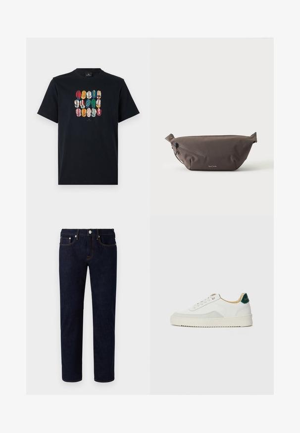 Sort bomulds T-shirt med et farverigt grafisk motiv af forskellige læber i forskellige mønstre og farver på foran. Rund halsudskæring, korte ærmer.; Mørkeblå jeans i denim med lige ben-design, der har orange syninger, fem lommer og en frontknaplukning.; Hvide sneakers med ruskindsdetaljer, rund tå, flade snørebånd og en cremet gummisål. Har grøn branding på hælen.; Mørkebrun stof talje taske med diagonalt lynlåslomme og lille hvidt logo på fronten, sat mod en ensfarvet lys baggrund.