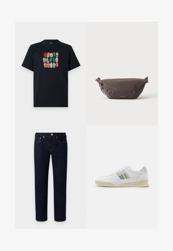 Zwarte katoenen t-shirt met een kleurrafische afbeelding van verschillende lippen in diverse patronen en kleuren op de voorkant. Ronde halslijn, korte mouwen.; Donkerblauwe denim jeans met een recht model, voorzien van oranje stiksels, vijf zakken en een knoopsluiting aan de voorkant.; Witte leren sneaker met een crèmewitte zool, meerkleurige strepenaccenten aan de zijkant en 'PS Paul Smith' merknaam in het goud.; Donkerbruine stoffen heuptas met diagonale ritssluiting en klein wit logo aan de voorkant, tegen een effen lichte achtergrond.